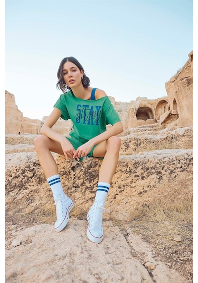 Monamise Kadın Kısa Kollu "stay Strong" 3'lü Crop Şort Takımı 23084-yeşil Yeşil