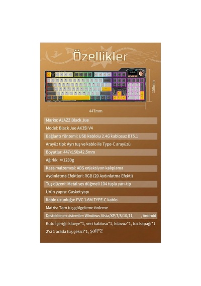 Ajazz Ak35iv4 Tam Boy Mekanik Oyuncu Klavyesi-tft Ekran-10.000 Mah Batarya-özel Temalı Tasarım - Mor - Beyaz