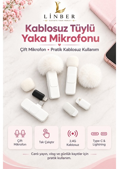 Kablosuz Tüylü Beyaz Yaka Mikrofonu Type-c Ve İos Girişli 2 Li Set Bluetooth 5.0
