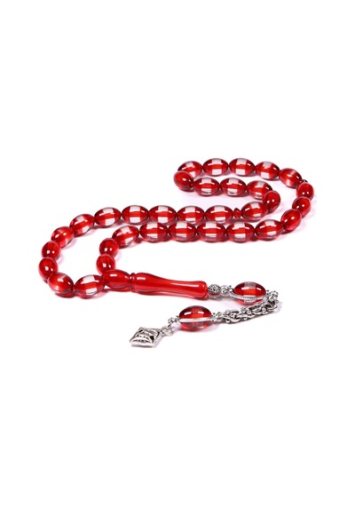 Kırmızı Sürmeli Toz Kehribar Tesbih 12x8 Mm
