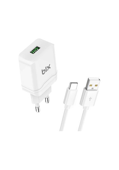 Bix BX-QC30C 18W QC 3.0 Hızlı Şarj Cihazı ve Type-C USB Kablo Beyaz