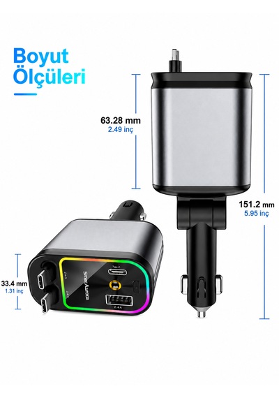 3'ü 1 Arada Hızlı Araç Şarj Cihazı Usb + Type-c + İos Entegre Kablolu Pd Hızlı Şarj 180 Dönebilen Başlık Led Aydınlatmalı