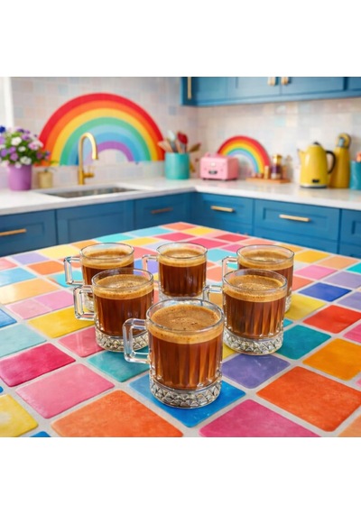 6'li Cam Kahve Fincanı,espresso Fincanı Seti 140 Ml Kulplu Cam Kupa Bardak Şeffaf Desenli Glass Mug Şeffaf Diğer