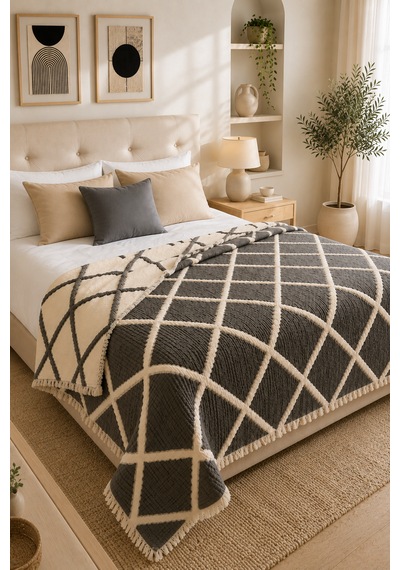 Premium Geometrik Kare Desenli %100 Pamuk Müslin Çift Taraflı Yatak Örtüsü Pike 220x240 Çift Kişilik Antrasit