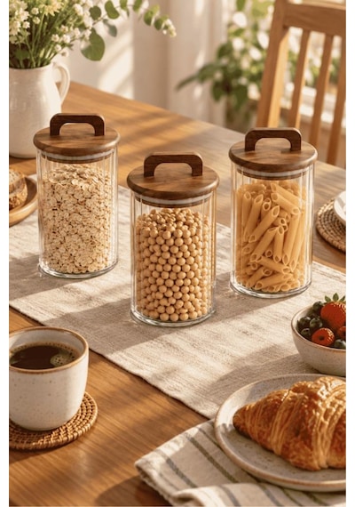Atbyhome 3'lü Kulplu Akasya Ahşap Kapaklı Çizgili Cam Kavanoz Seti 950 Ml Vakumlu Bakliyat Ve Erzak Kabı Ahşap - Şeffaf