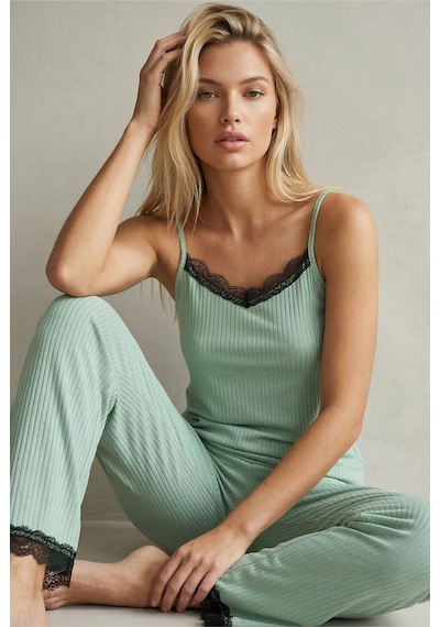 Siyah İnci Soft Touch Ince Örme Pijama Takım 7628 Yeşil