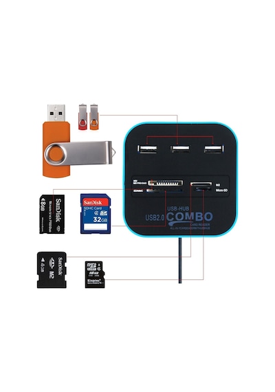 3 Port Usb 2.0 Hub Usb Çoklayıcı Usb Kart Okuyucu Mavi