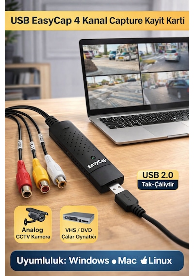 Usb 4 Kanal Easycap Video Capture Kayıt Kartı Rca & S-video Girişli Usb 2.0 Analog Görüntü Aktarıcı