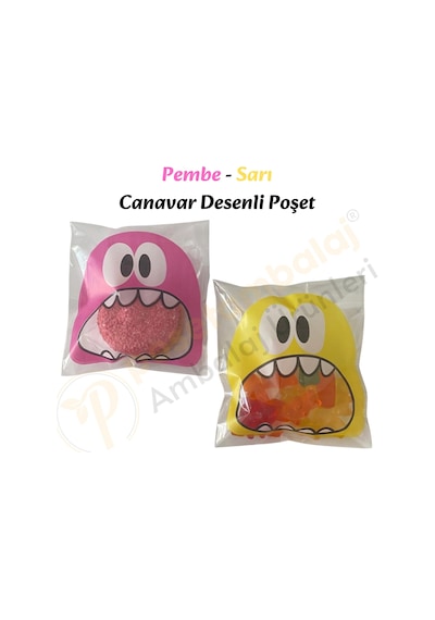 50 Adet Pembe-sarı Renkli Canavar Desenli Cake Pop & Kurabiye Poşeti-10x15 Cm