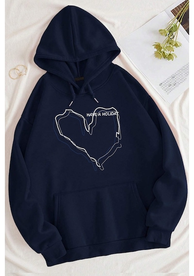 Unisex Oversize Holiday Baskılı Sweatshirt Lacivert