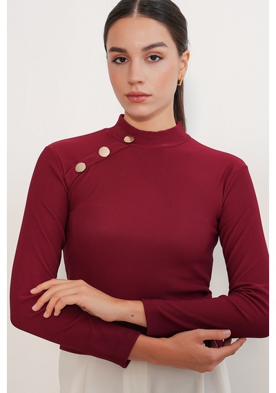 Bigdart Kadın Düğme Detaylı Uzun Kol Bluz 40044 - Bordo
