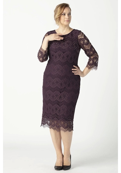 Moda Berray 1293 Dantel Elbise Mürdüm Büyük Beden Kısa Abiye Mürdüm