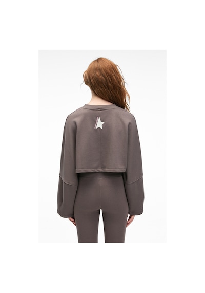 Grimelange ANOUK Kadın Pamuklu Baskı Ve Patch Detaylı Bisiklet Yaka Crop Antrasit Sweatshirt