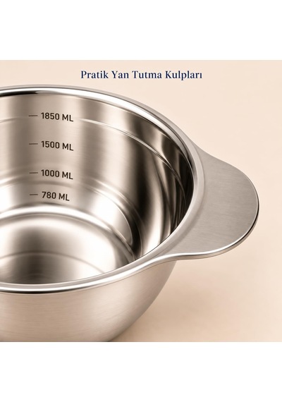 Paslanmaz Çelik 1850 Ml Ölçülü Kap 25 Cm, İç Ölçek Çizgili Büyük Boy Karıştırma Ve Hazırlık Kabı, Çift Yan Tutamaçlı Mutfak Ölçü Kabı Çok Renkli