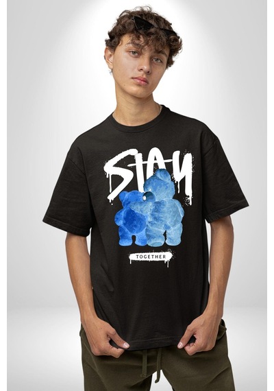 Birlikte Kal Pamuklu Bisiklet Yaka Unisex Oversize Boyfriend Dijital Baskılı Siyah T-shirt Siyah