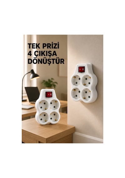 Anahtarlı 4 Lü Priz Adaptörü Direkt Duvar Prizine Takılan Priz Çoklayıcı 2 Li Set Çok Renkli 1 - 10 M
