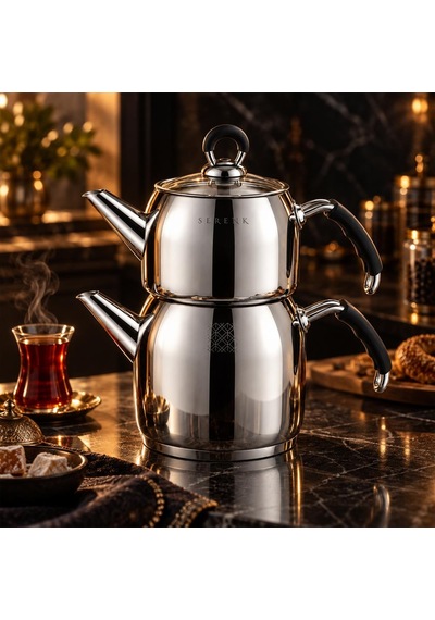 Serenk Excellence Orta Boy Çelik Çaydanlık 1,25 L Demlik, 2 L Suluk Gümüş - Siyah