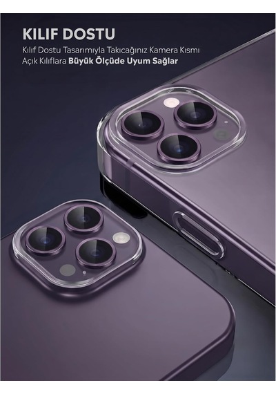 İphone 14 Pro / 14 Pro Max İle Uyumlu Kamera Lens Koruyucu Alüminyum Alaşım Çerçeveli Telefon Lensi Temperli Cam Koruma Mor