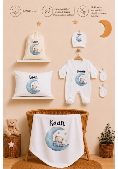 Pia Baby Erkek Bebek %100 Pamuk Hediye Seti 6 Lı İsimli Keseli Tulum Şapka Eldiven Battaniye Ve Yastık Kılıfı 1071tybk0x Krem