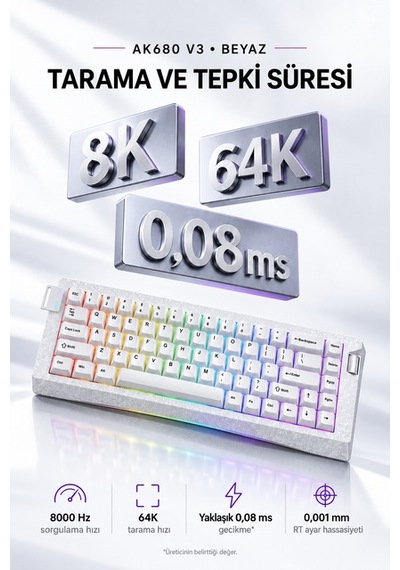 Ajazz Ak680 V3 8000 Hz Manyetik Rgb Oyuncu Klavyesi Beyaz Ice Island