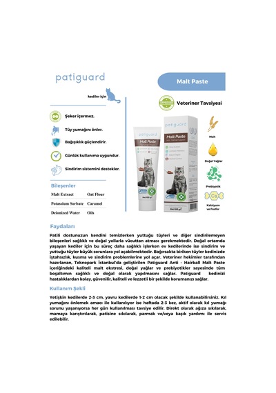 Patiguard Malt Paste Tüm Kediler İçin Tüy Yumağı Önleyici Antihairball 100 G