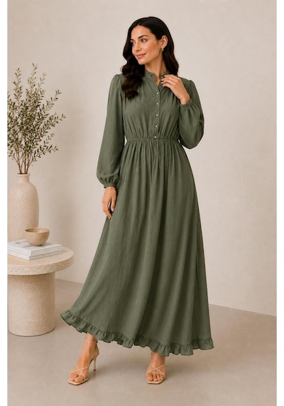 Hira Life Fashion Kadın Çilek Kumaş Ve Önü Düğmeli Eteği Fırfırlı Hakim Yaka Elbise Haki Haki Hira Life Fashion Kadın Çilek Kumaş Ve Önü Düğmeli Eteği Fırfırlı Hakim Yaka Elbise Haki Haki