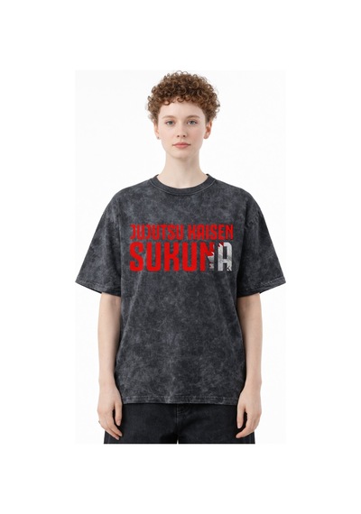 Jujutsu Kaisen Sukuna Anime Baskılı Unisex Oversize Eskitme Yıkam Siyah