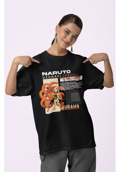 Tasarım Naruto Uzumaki Kurama Baskılı Unisex Oversize Anime Dizi Siyah