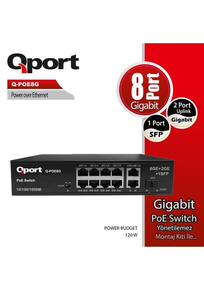Qport Q-poe8g 8port 10/100/1000 + 2 Port 10/100/1000 Uplınk Poe S