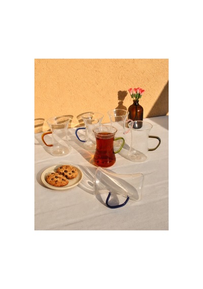 6 Adet Cam Çok Renkli Kulplu Çay Bardağı 150 Ml Kulplu Çay Bardak