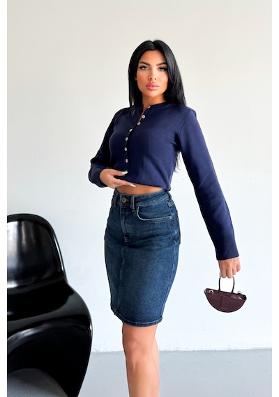 HLT Jeans Kadın Koyu Mavi Yıkamalı Regular Fit Yüksek Bel Orta Boy Likralı Denim Kot Etek Alice-4006