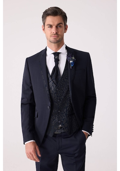 Ysf Erkek Lacivert Çıkma Şal Yaka Slim Fit Damatlık
