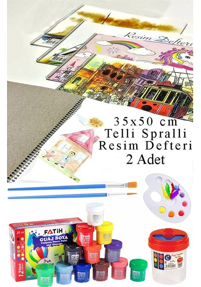 12 Renk Guaj Boya Fatih 35x50 Cm Telli Spralli Resim Defteri Palet Resim Fırçası15 Yaprak Guajboya Resim Defteri Çok Renkli