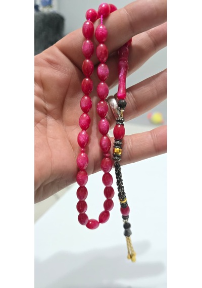Ağır Püsküllü Pembe Sentetik Opal Kesme Tesbih