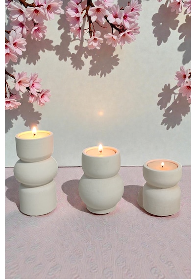 3lü Tealight Mumluk Seti - Dekoratif Beton Mumluk - Mumlar Dahildir Beyaz