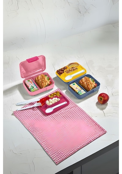 6 Bölmeli Yemek Saklama Kabı Çatal, Kaşık Ve Bıçaklı Beslenme Kutusu, Lunch Box Diyet, Pembe Desenli