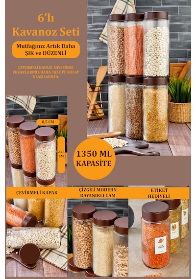 6'lı Plastik Kapaklı Cam Kavanoz Erzak Bakliyat Saklama Kabı Seti 1350 Ml Cam - Şeffaf