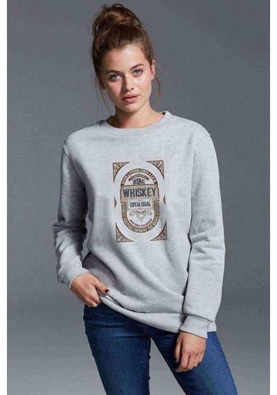Gamblıng Money Whiskey Baskılı Gri Kadın Sweatshirt