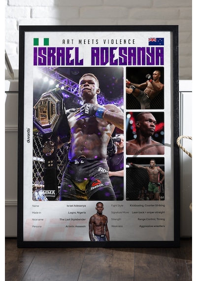 Israel Adesanya Siyah Ahşap Çerçeveli Poster, Dekoratif Dövüş Duvar Tablosu