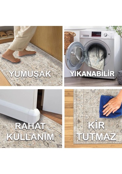 Latte Dizayn Monty Vintage Desenli Şönil Pamuk Tabanlı Yıkanabilir Kaymaz Antibakteriyel Salon Halısı 80x200 Diğer
