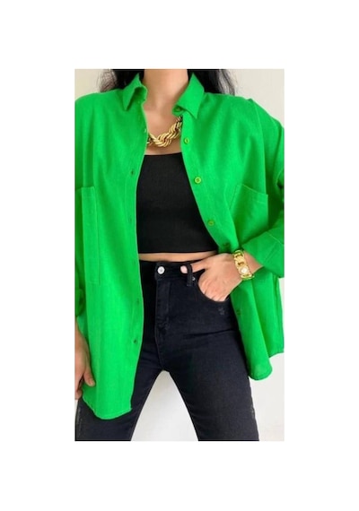 Rouge Basıc Oversize %100 Pamuk Çift Cepli Keten Gömlek Yeşil
