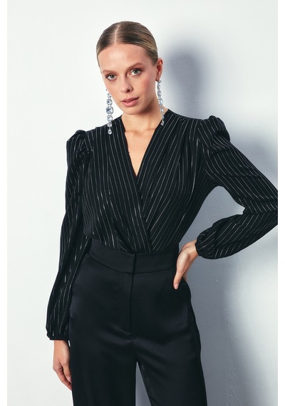 Sateen Parlak Çizgili Bodysuit Bluz - Siyah