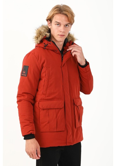 Maraton Sportswear Regular Erkek Kapşonlu Uzun Kol Basic Kiremit-siyah Parka 21302 Kiremit - Siyah