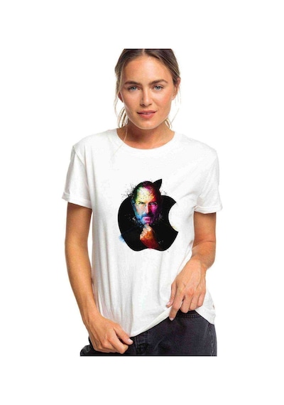 Steve Jobs Apple Baskılı Beyaz Kadın Tshirt