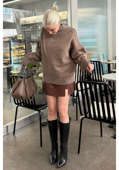 Madmext Vizon Boğazlı Kadın Triko Kazak Mg2535 Vizon