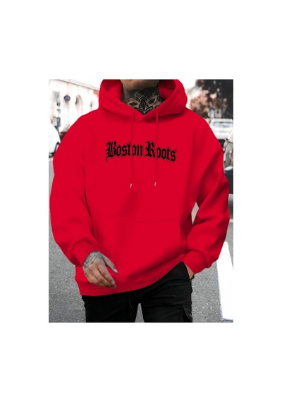 Medinenur Bost İn Boots Baskılı Kapüşonlu Cepli Sweatshirt Kırmızı
