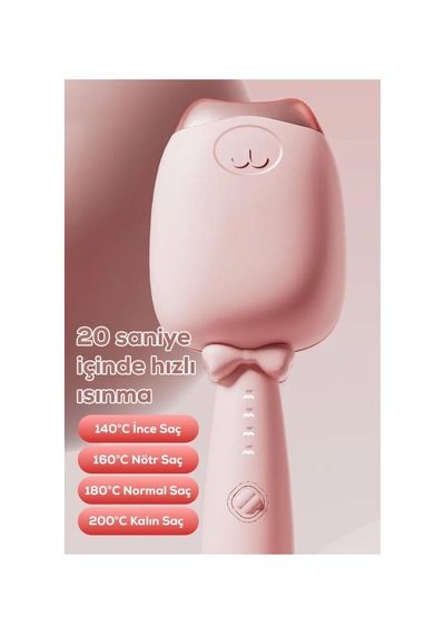 Mobgift Pembe Kedi Figürlü Seramik Saç Şekillendirici 200 Derece Hızlı Isınma Özelliği Açık Pembe
