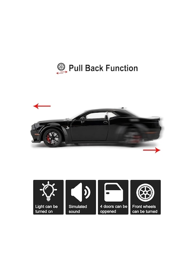 Dodge Challenger Srt 1:24 Diecast Metal Araba Koleksiyon Sesli Işıklı Siyah
