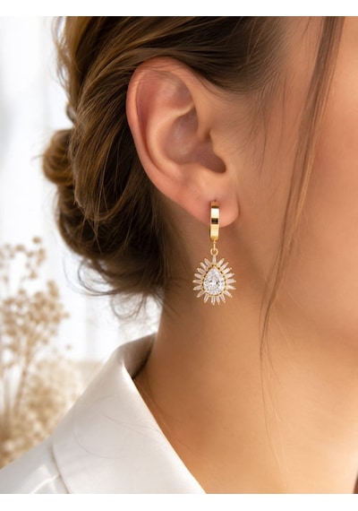 Cm Jewelry Zirkon Taşlı Damla Sallantılı Gold Çelik Küpe Altın
