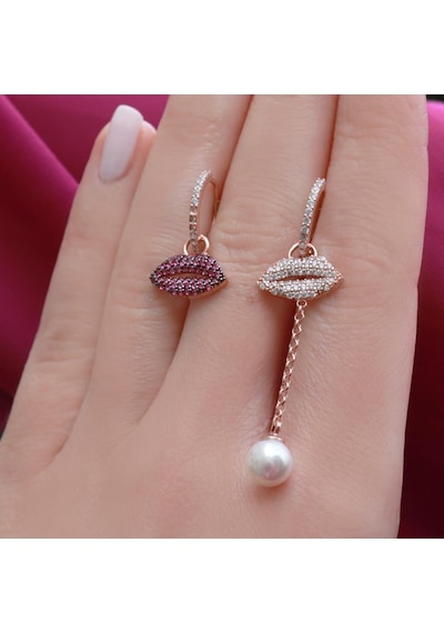 Zirkon Taşlı Dudak Figürlü Rose Gold Kaplama Asansör Zincirli Gümüş Set Gümüş